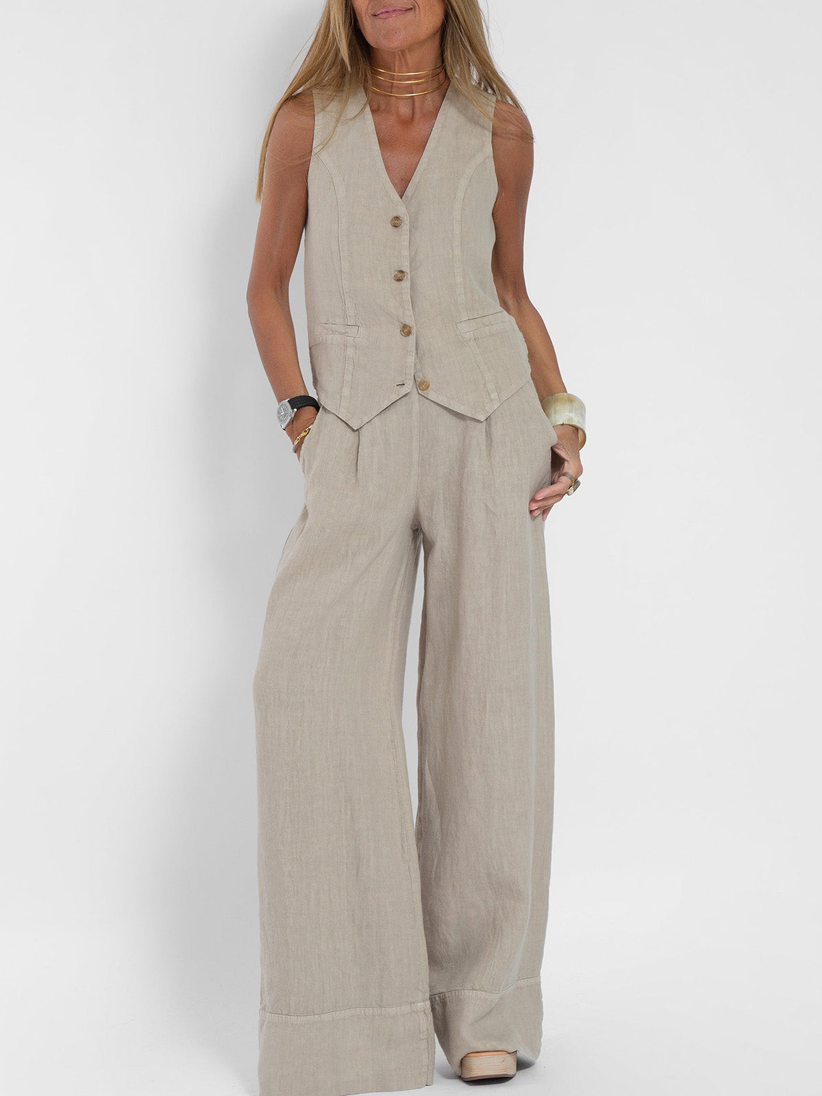 Jessica - Conjunto Chaleco Con Botones & Pantalones De Pierna Ancha