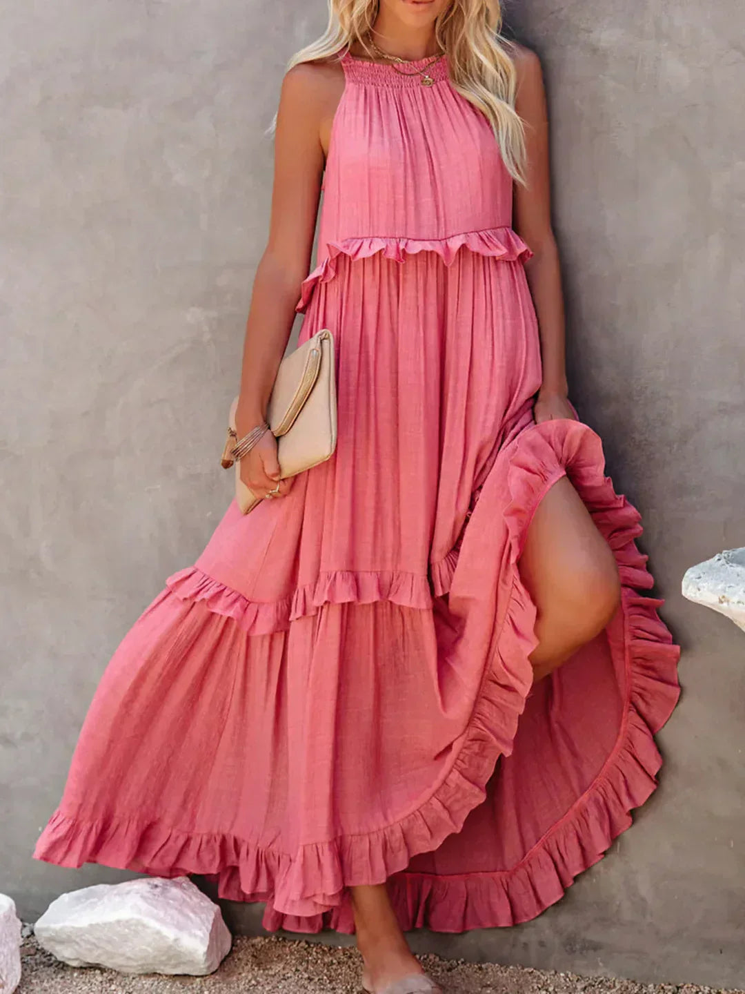 Ilona - Vestido Halter con Volantes y Bolsillos Maxi