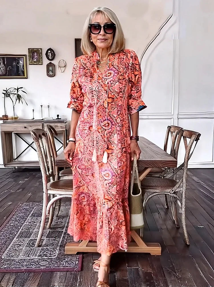 Carolette - Vestido Maxi de Cuello con Cordón Boho
