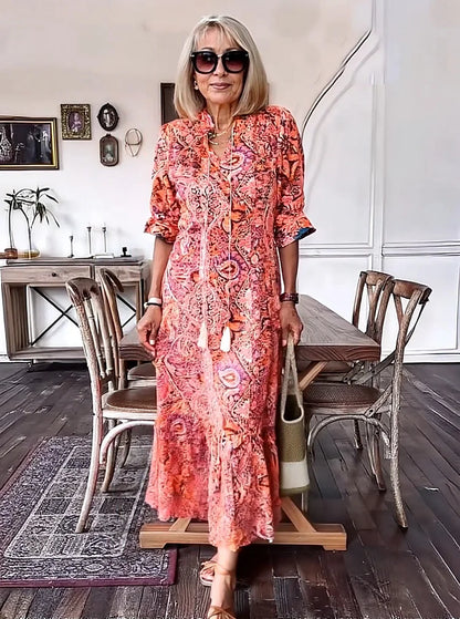 Carolette - Vestido Maxi de Cuello con Cordón Boho