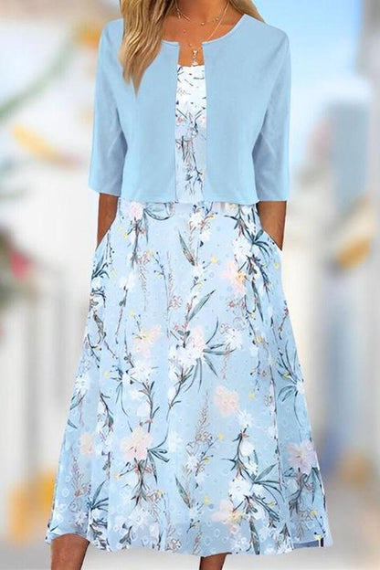 Vestido Midi Único con Estampado de Plantas Azules y Chaqueta