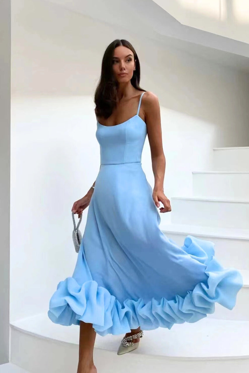 Vestido Maxi de Mujer con Tirantes de Espagueti, Falda Acampanada y Dobladillo con Volantes