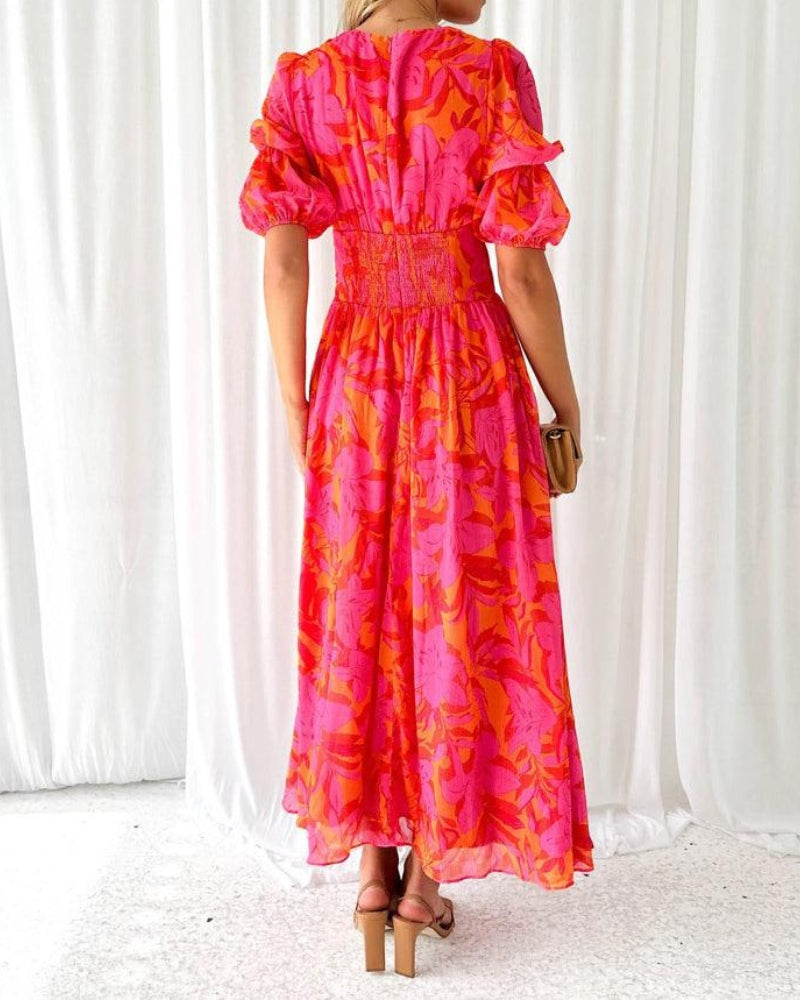 Sierra - Vestido Maxi Elegante con Escote en V y Mangas Abullonadas