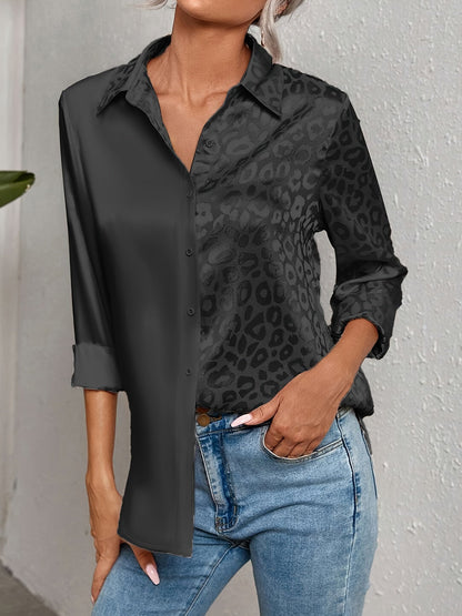 Gwendolyn - Camisa de Botones de Satén Bicolor con Estampado de Leopardo