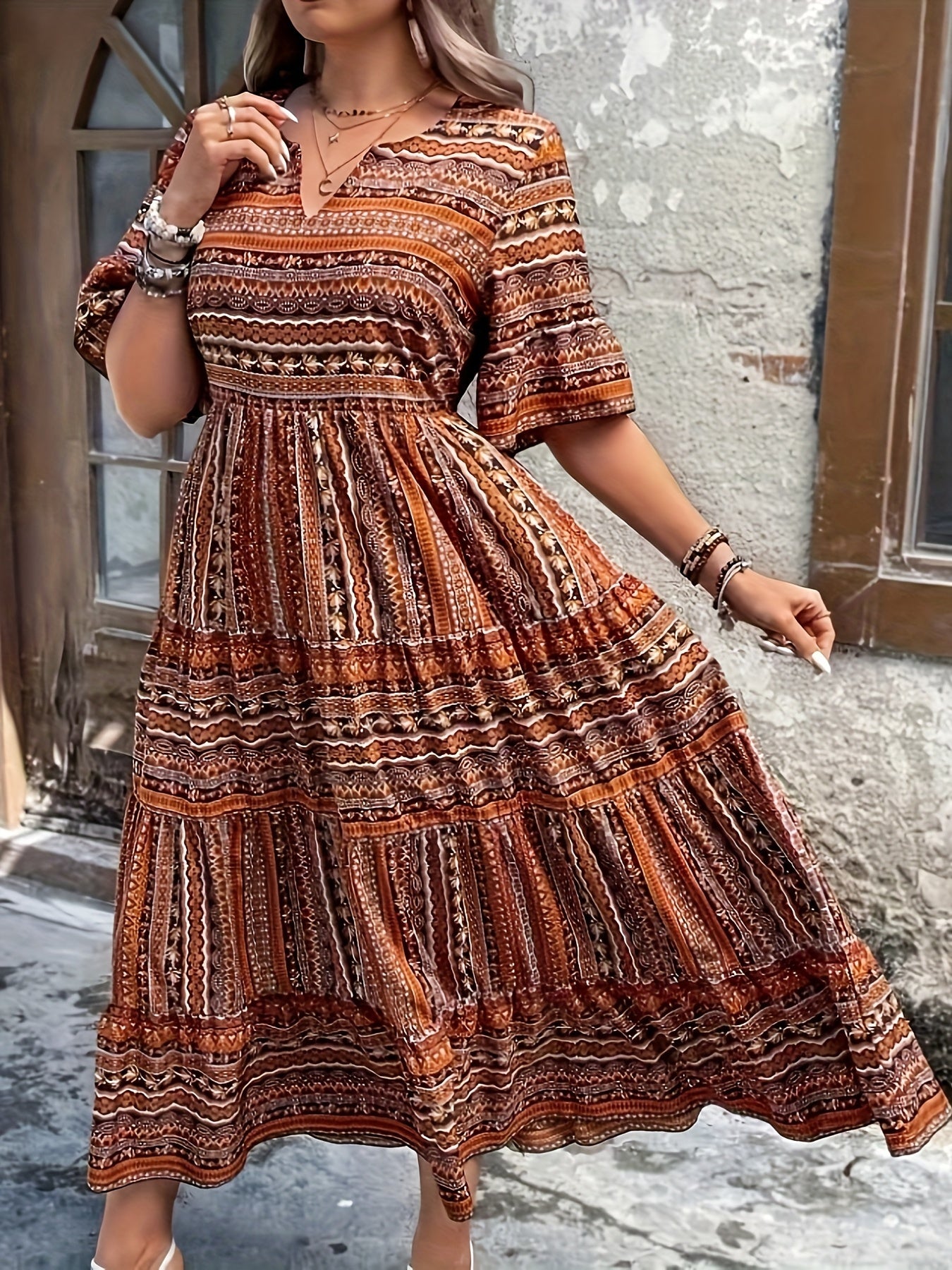 Sylpha - Vestido Bohemio de Estampado Étnico Elegante