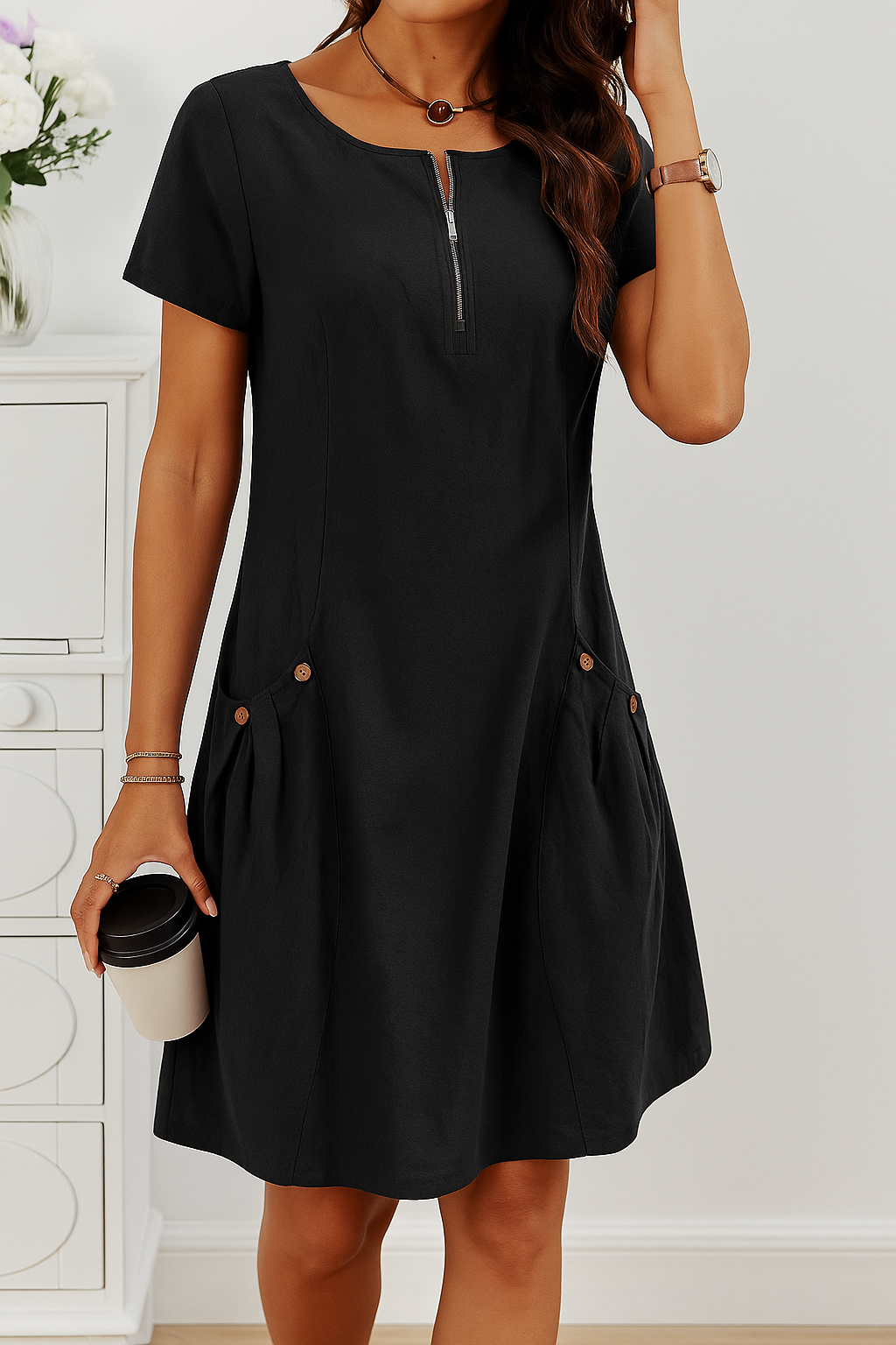 Rudina - Elegante Vestido de Algodón de Manga Corta con Bolsillos