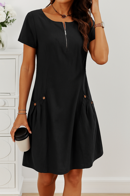 Rudina - Vestido de Algodón Elegante de Manga Corta con Bolsillos
