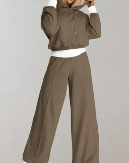 Conjunto de mujer de dos piezas – Sudadera corta con capucha y pantalones de pierna ancha
