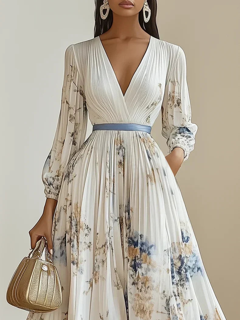 Halston - Elegante Vestido Maxi con Mangas Abullonadas y Escote en V