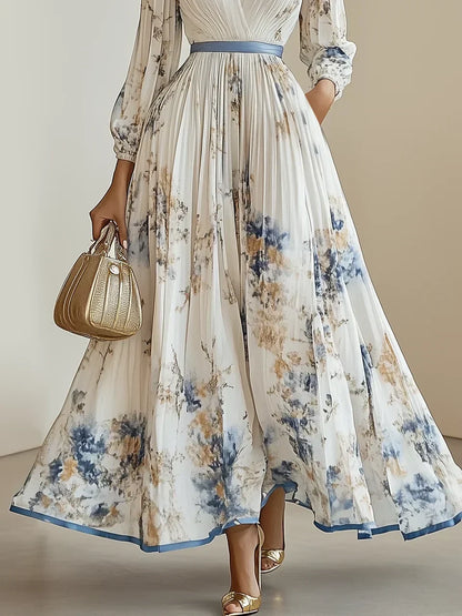 Halston - Elegante Vestido Maxi de Manga Abullonada y Escote en V