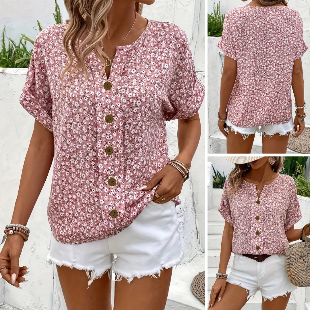 Cindy™ | Blusa de Color con Cuello Notched de Impresión Floral