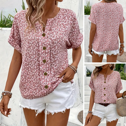 Cindy™ | Blusa de Color con Cuello Notched de Impresión Floral
