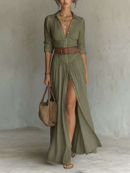 Abito Maxi Elegante con Collo a Revers e Maniche Lunghe in Lino-Cotone