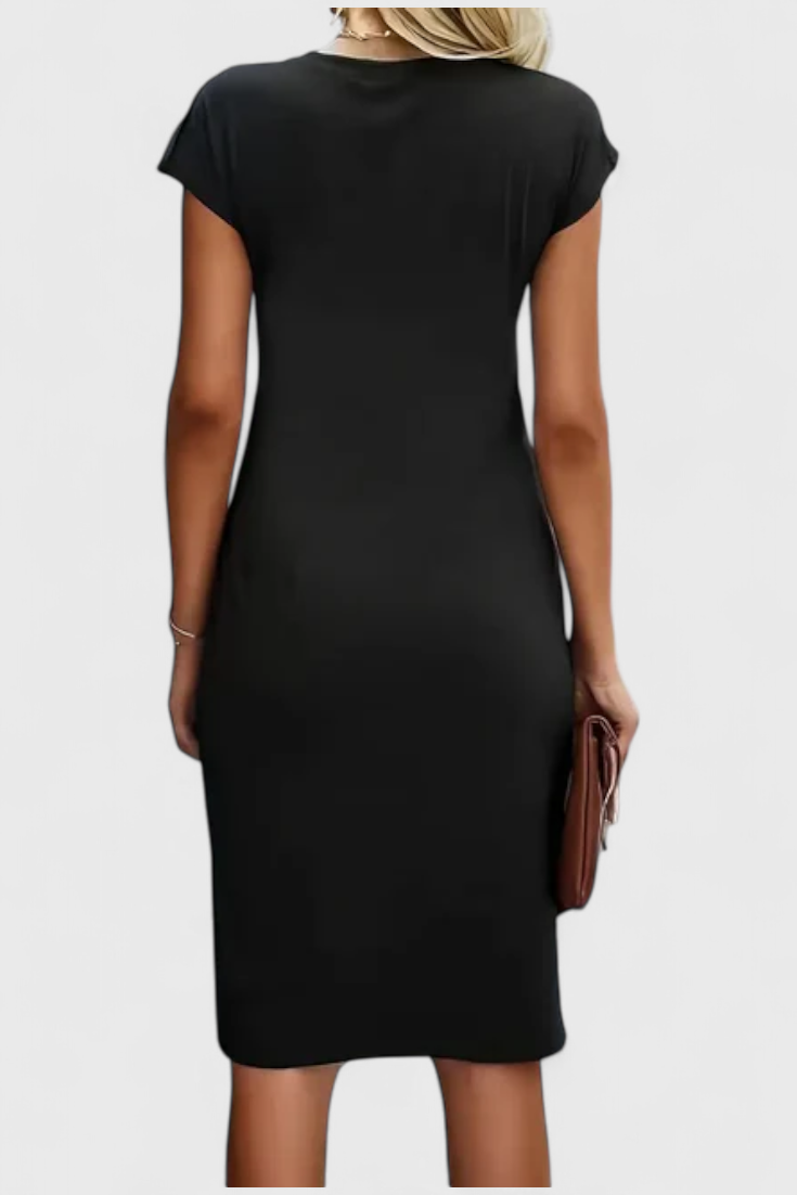 Katrina Vestido Midi Atemporal con Cuello Redondo y Detalle Drapeado
