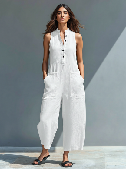 Pantalón sin mangas de mezcla de lino con cuello alto y botones para mujeres