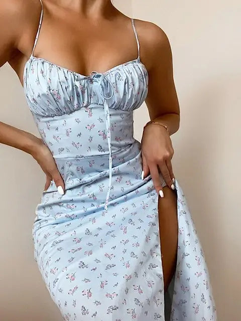 Vestido Maxi de Tirantes con Fruncidos Florales