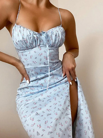 Vestido Maxi de Tirantes con Fruncidos Florales
