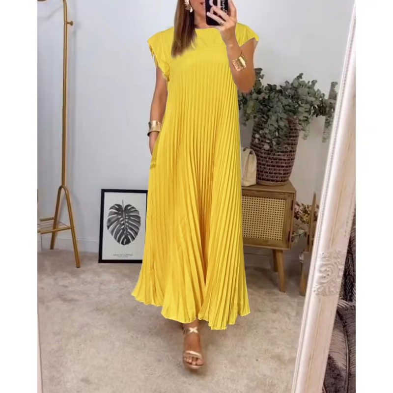Vestido Maxi Plisado de Manga Corta para Mujeres