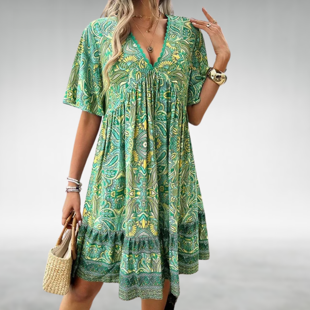 Saylor - Vestido de Verano con Escote en V y Estampado Bohemio de Paisley