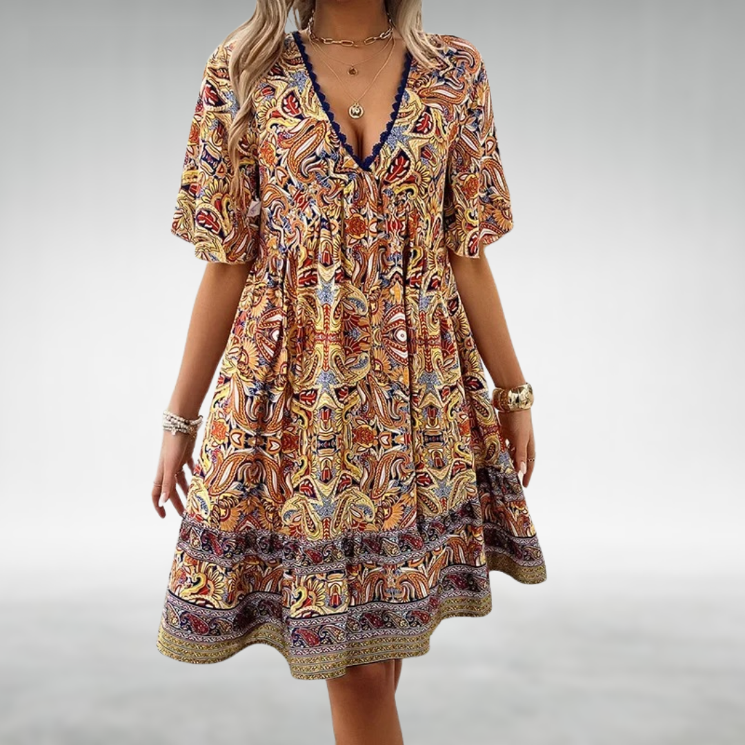 Saylor - Vestido de Verano con Escote en V y Estampado Bohemio de Paisley