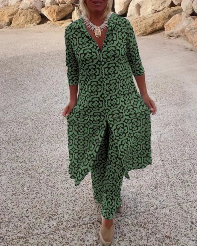 Sara | Conjunto de Túnica con Estampado Geométrico Bohemio y Pantalones de Pierna Ancha