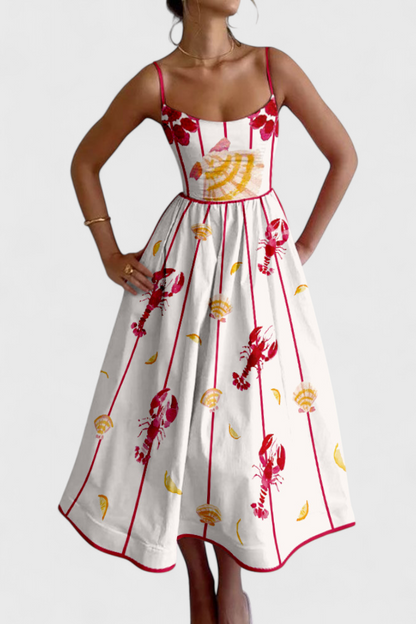 Maricela Vestido Vintage con Tirantes y Estampado de Sardinas