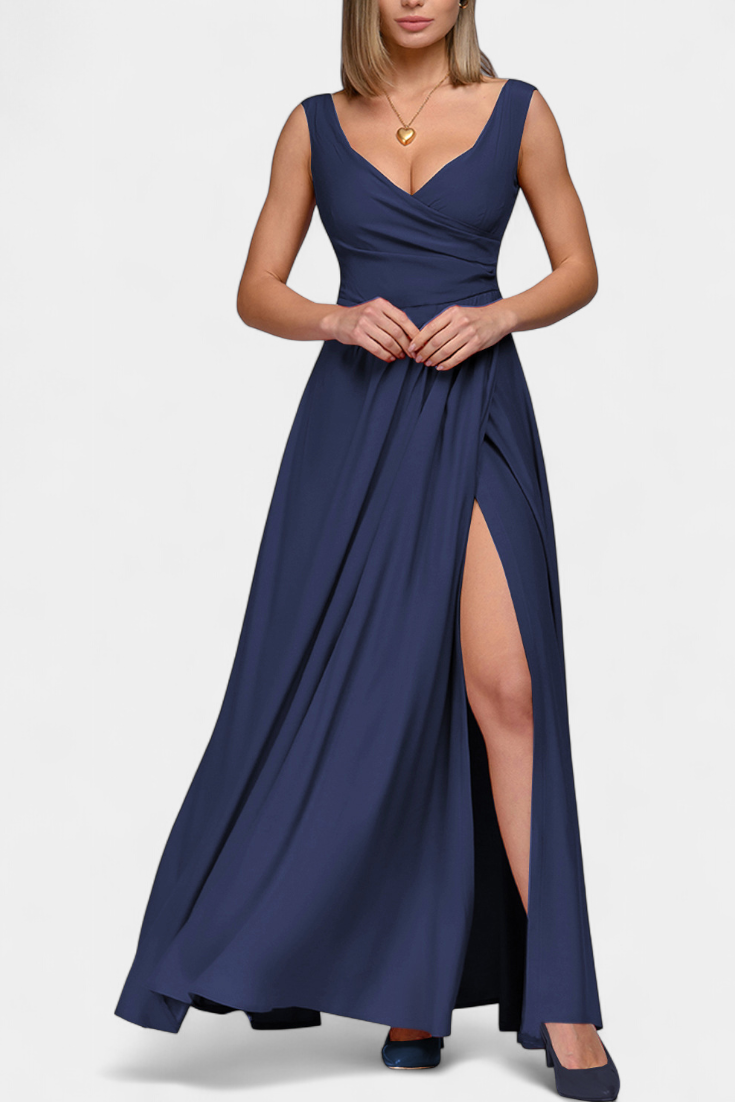 Rocío Vestido Largo con Drapeado Frontal y Escote Cruzado