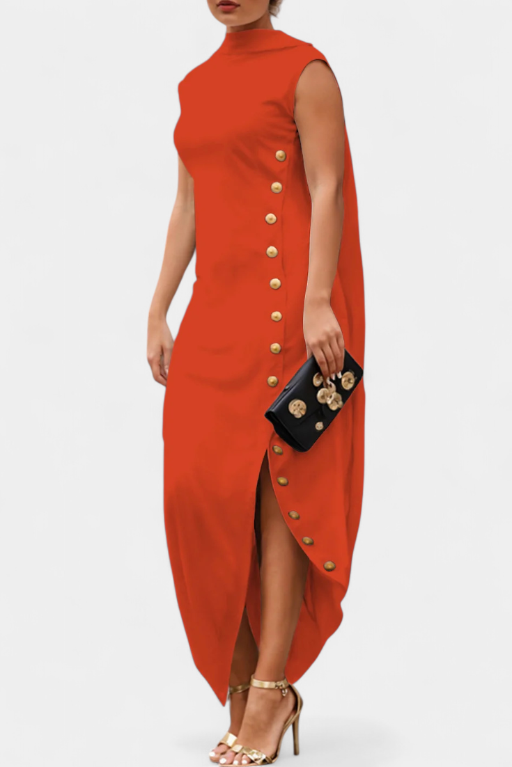 Aphrodite Vestido Asimétrico con Botones Dorados Decorativos