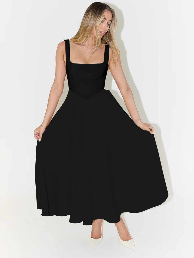 Robe Midi Elegante con Escote Cuadrado - Corte Flattering Sin Tiempo