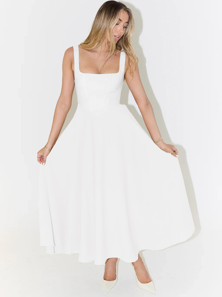 Robe Midi Elegante con Escote Cuadrado - Corte Flattering Sin Tiempo