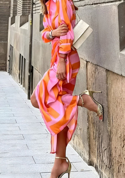 Olivia – Vestido Camisero Impreso que Define la Cintura