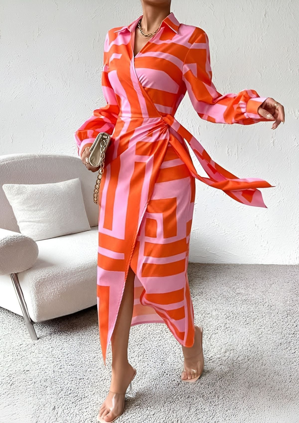 Olivia – Vestido Camisero Impreso que Define la Cintura