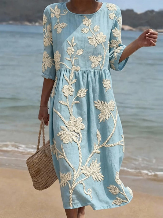 Vestido Midi Fluido con Bordados Florales - Colección Vintage Elegante