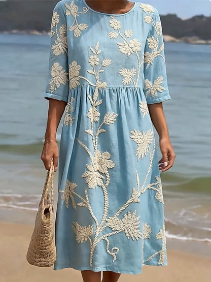 Vestido Midi Fluido con Bordados Florales - Colección Vintage Elegante