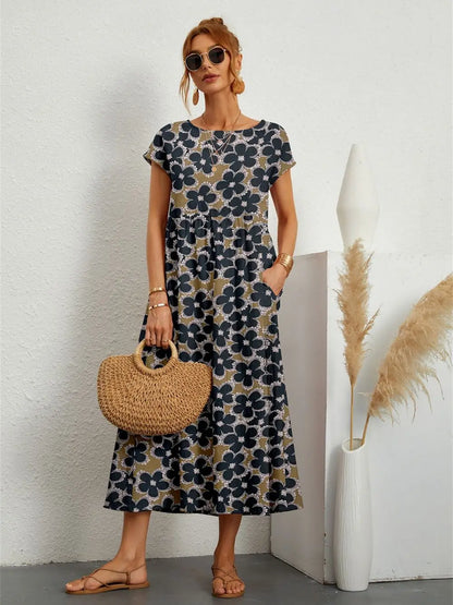 Hannah™ - Vestido impreso elegante de cuello redondo con bolsillos