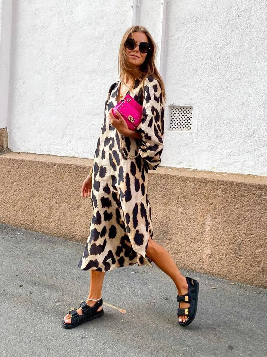 Zarina | Vestido Maxi de Cuello en V con Estampado de Leopardo