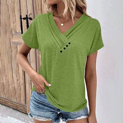 Maya - Camiseta de Cuello en V con Botones Acanalada