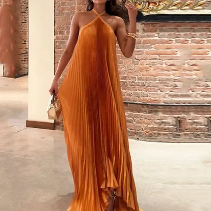 Mira - Vestido Maxi con Cuello Halter Plisado Chic