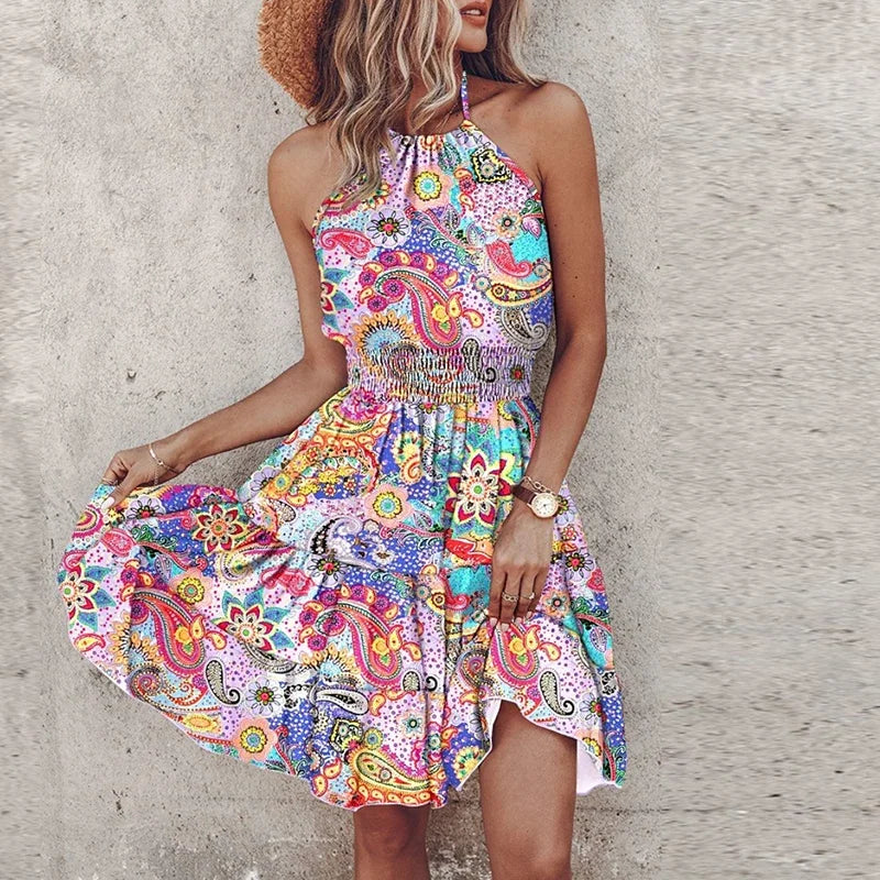 KORA – VESTIDO MIDI BOHEMIO COLORIDO CON ESCOTE EN V