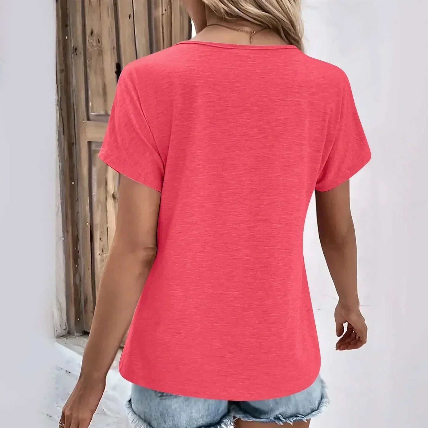 Maya - Camiseta de Cuello en V con Botones Acanalada