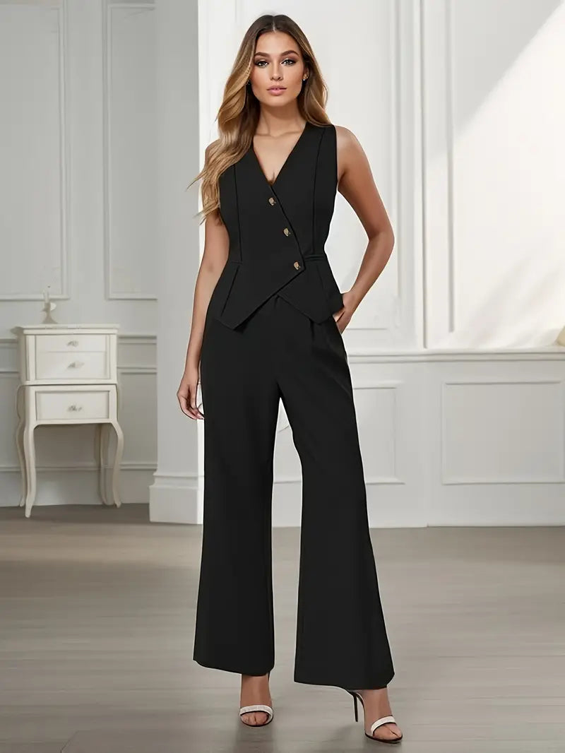 Conjunto de Dos Piezas para Mujeres con Chaleco Sin Mangas y Pantalones de Pierna Ancha