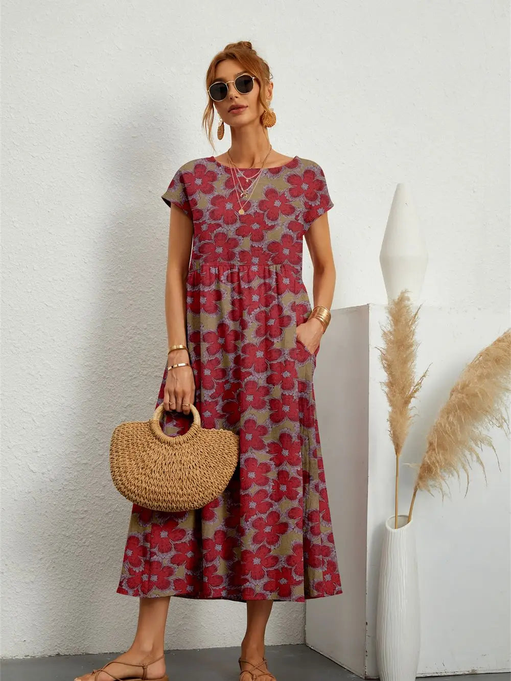 Hannah™ - Vestido impreso con cuello O y bolsillos