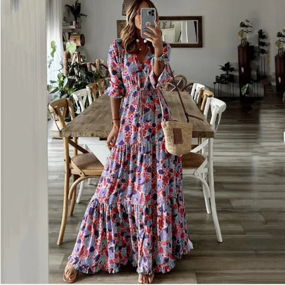 Liora | Vestido Maxi de Corte A con Estampado y Escote en V