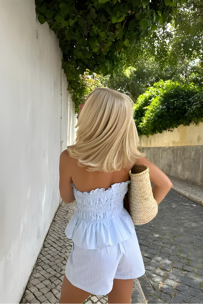VAELA – CONJUNTO DE TOP TUBO CON VOLANTES Y PANTALONES CORTOS SUELTOS