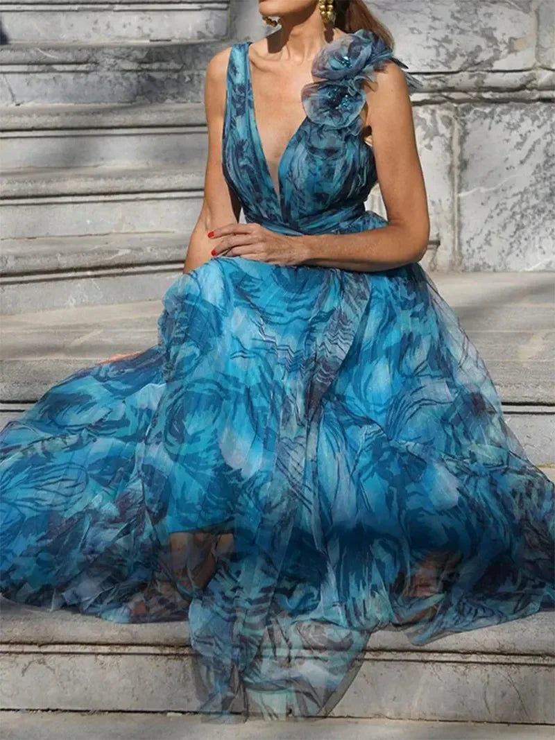 Victoria | VESTIDO LARGO AZUL PAVO REAL