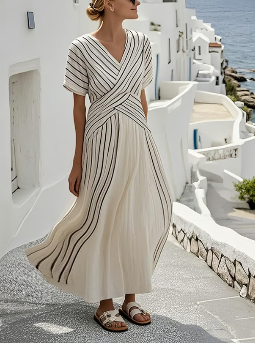 Elegante vestido de lino con cintura cruzada
