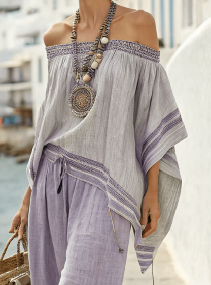 Conjunto de Lino de Dos Piezas con Diseño Off-the-Shoulder
