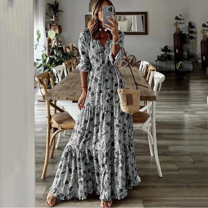 Liora | Vestido Maxi de Corte A con Estampado y Escote en V