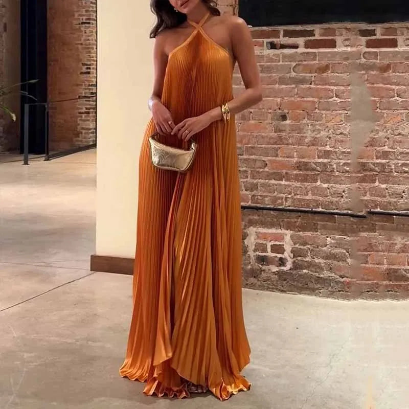Mira - Vestido Maxi con Cuello Halter Plisado Chic
