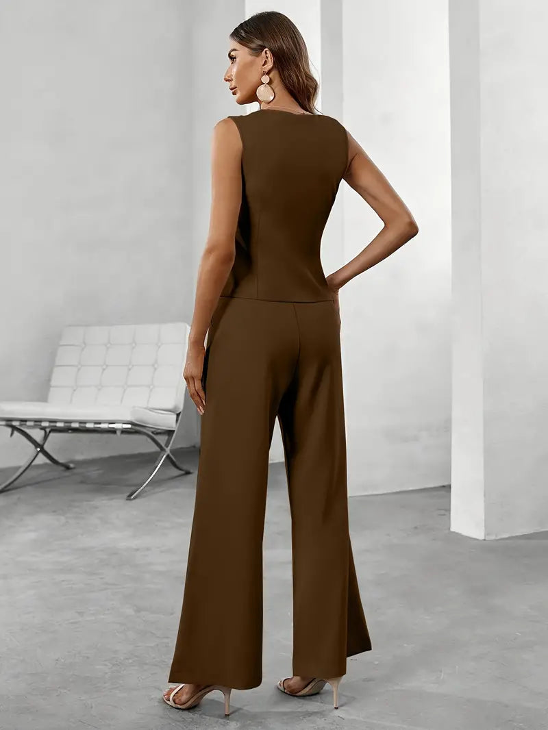 Conjunto de Dos Piezas para Mujeres con Chaleco Sin Mangas y Pantalones de Pierna Ancha